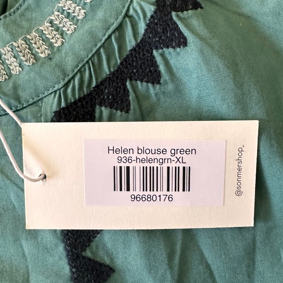 SONMER NWT SZ XL Black Embroidered Green Puff Sleeve 1/4 hook Top Boho Festival - Picture 10 of 15